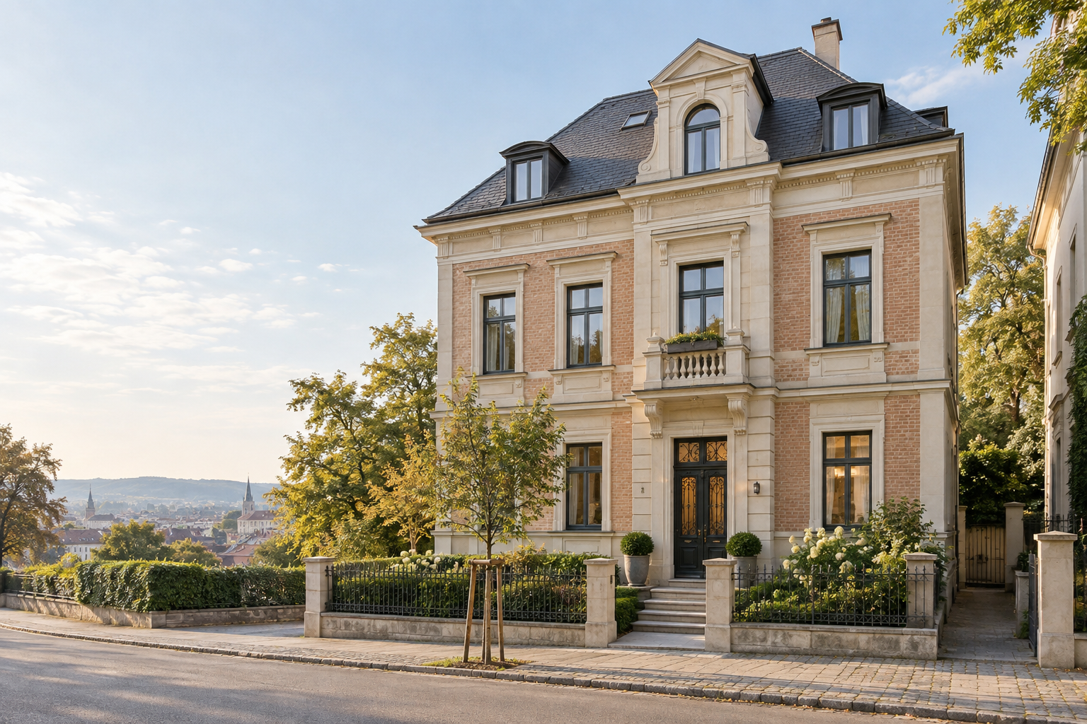 Vollständig sichtbares Wohnhaus mit heller Stein- und Ziegelfassade, Garten und Eingang