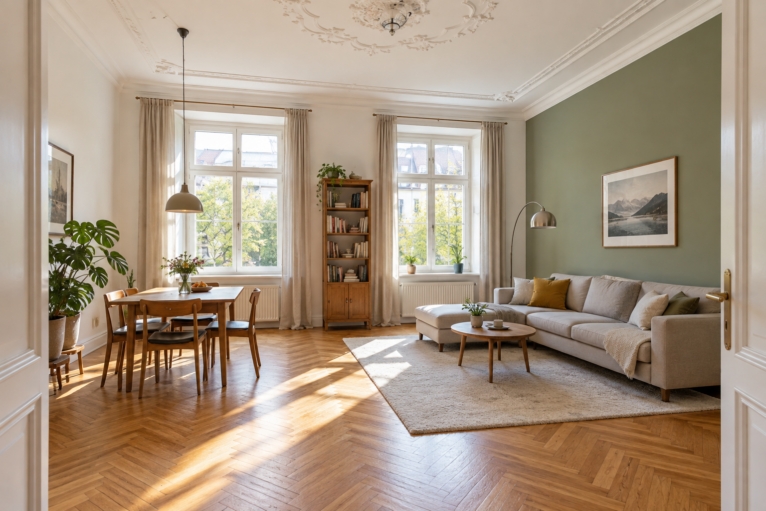 Heller Wohn- und Essraum mit großen Fenstern, Holzboden und grüner Wand